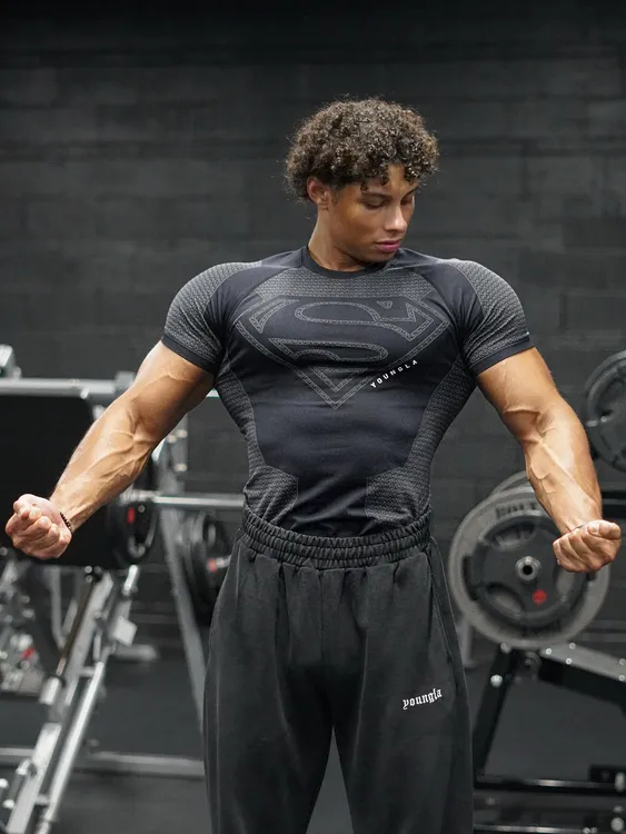 YOUNGLA新款美式肌肉健身男士运动短袖休闲跑步速干透气紧身衣t恤