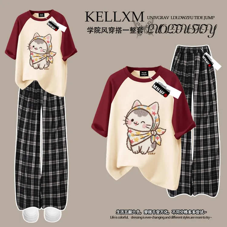 2025夏季女童插肩短袖t恤格子裤套装可爱猫咪印花中大童洋气上衣
