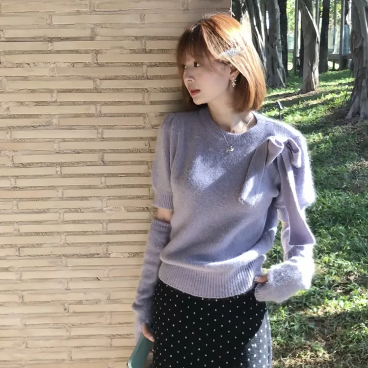 结梦-冬季气质圣诞感蝴蝶结泡泡袖针织设计感毛衣6036