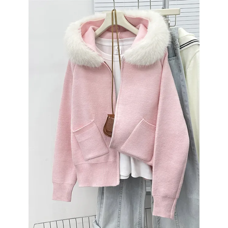 时尚软糯毛领连帽毛衣女装2025秋冬新款韩版设计长袖针织开衫上衣