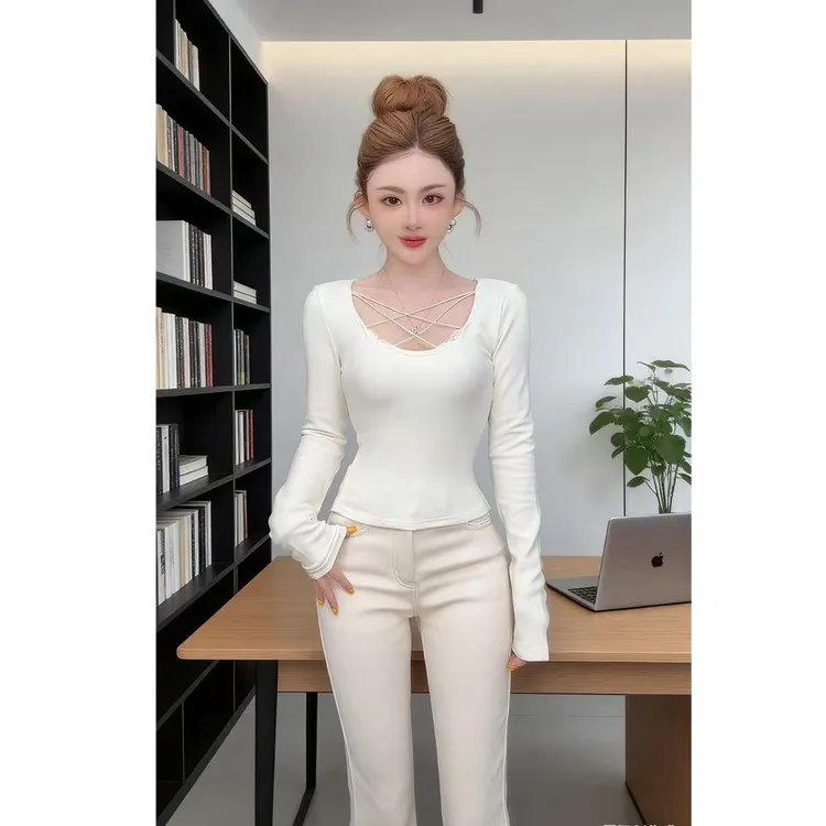 曼曼【伶俐交织】性感纯欲加绒交叉绑带蕾丝长袖T恤女3973#