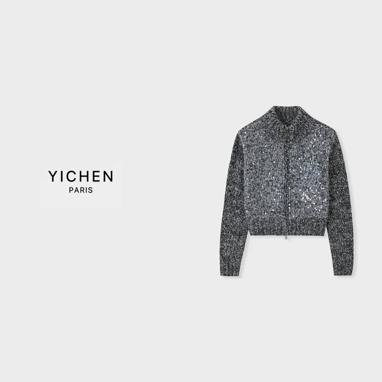 YC 花灰色重工亮片中高领短款针织毛衣外套-2738