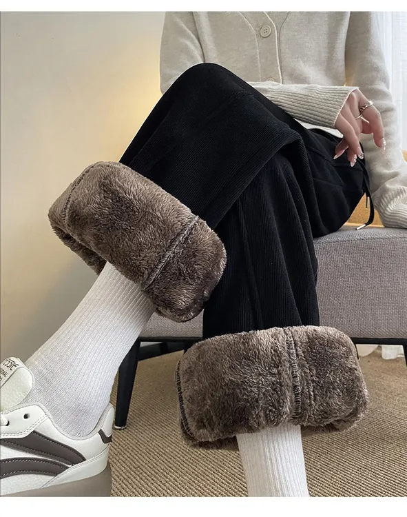 2025冬加绒厚款高腰阔腿裤秋冬冬季休闲裤宽松休闲风香蕉弯刀裤子