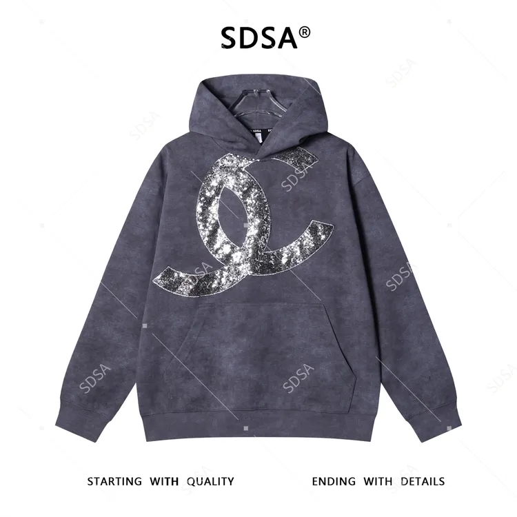 SDSA男士秋冬新款痞帅男装潮牌亮片字母连帽卫衣时尚百搭上衣宽松