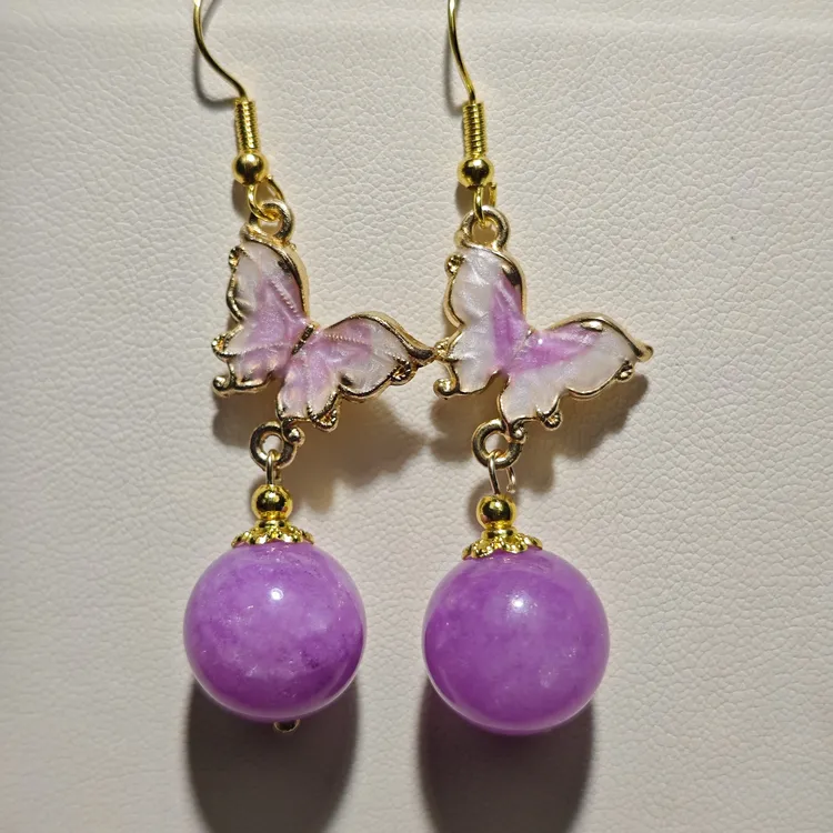 新款 紫玉髓圆珠紫蝴蝶耳坠原创设计百搭精美民族风古风轻奢气质