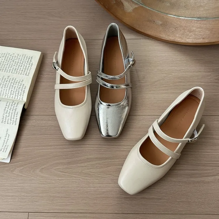 银色玛丽珍鞋女2025夏季新款小皮鞋芭蕾浅口平底法式单鞋女潮