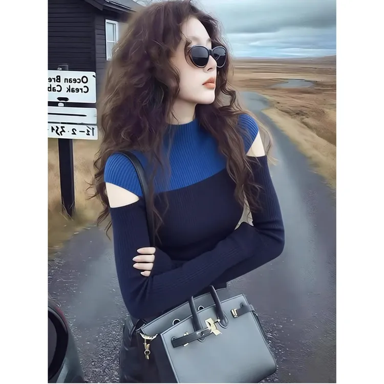 法式撞色拼接半高领毛衣女秋冬季不规则露肩针织衫内搭打底衫上衣