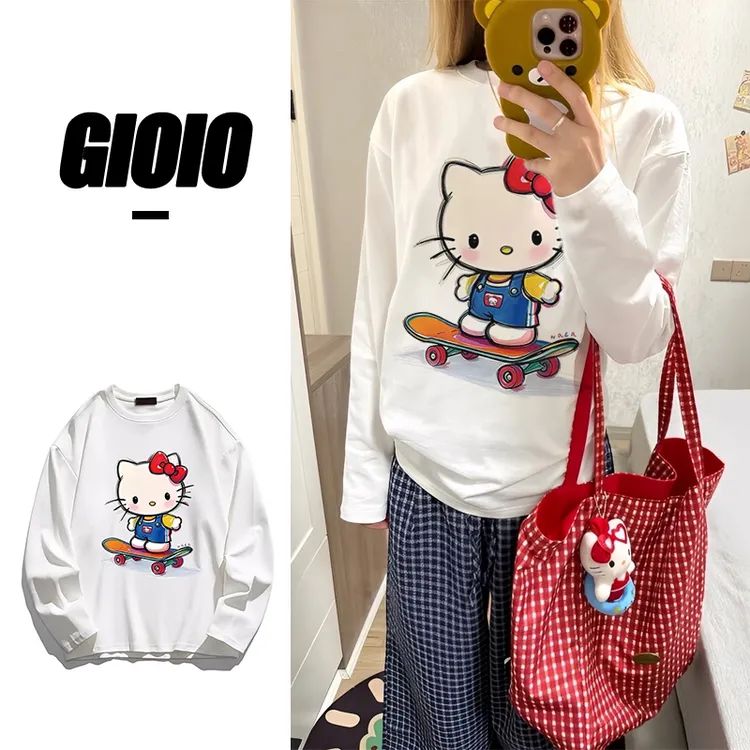 GIOIO秋季新款宽松长袖t恤上衣女hellokitty可爱印花通勤欧美风潮