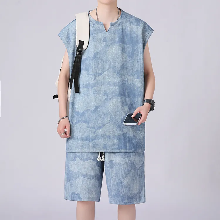 无袖坎肩背心男套装简约运动服夏季冰爽舒适短裤一套休闲风搭配