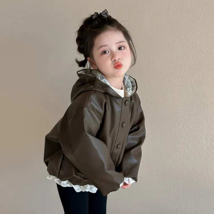 加绒蕾丝连帽皮衣外套秋冬季2025新款中小童洋12岁女童潮款皮衣