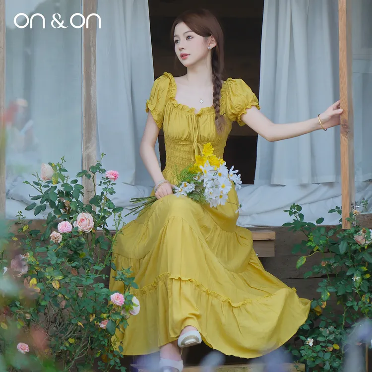 ON&ON/安乃安【流光风】法式木耳边系带收腰显瘦连衣裙N5SW16407