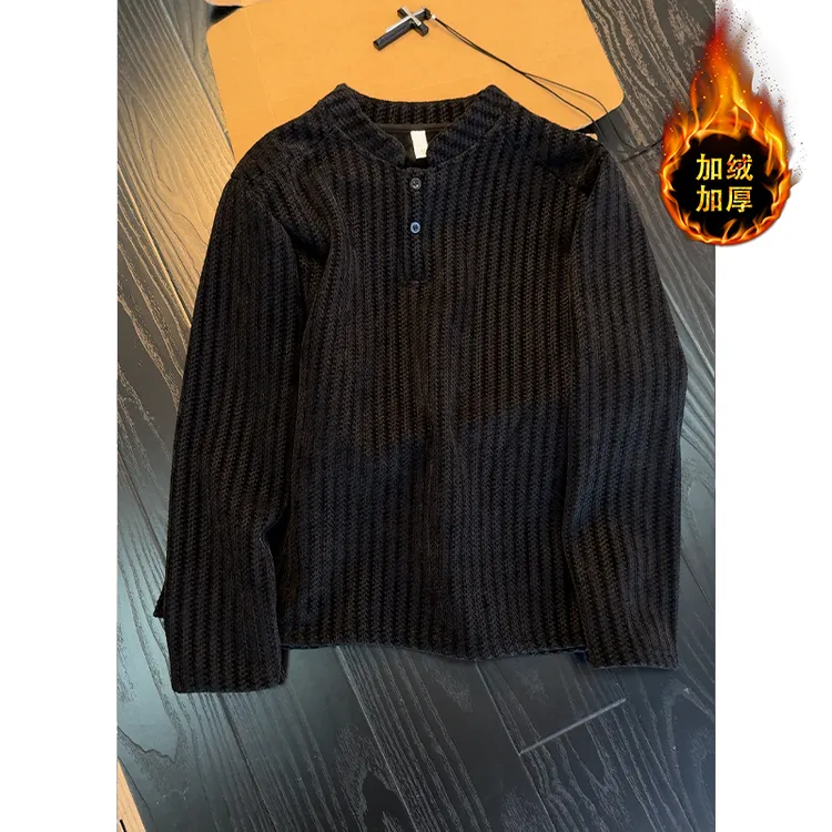 雪尼尔亨利领POLO衫长袖T恤男秋冬加绒鱼骨纹打底衫卫衣潮牌外套