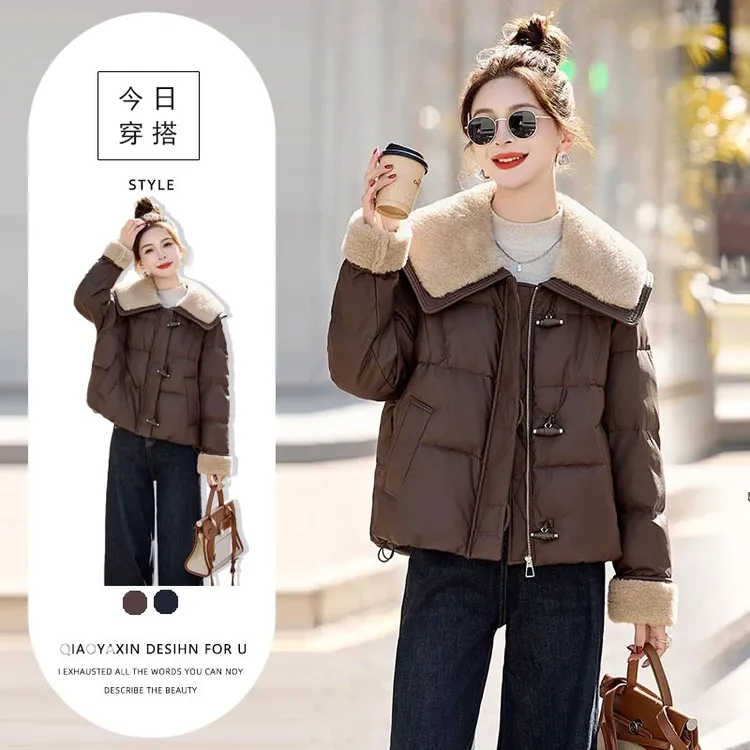 中国风牛角扣娃娃领撞色棉服外套冬季新款时尚加厚保暖长袖棉衣女