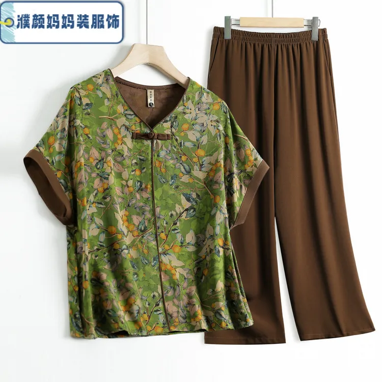中老年人夏装衬衣奶奶夏季衬衫女短袖老太太衣服套装新款T恤小衫
