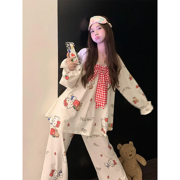 日系可爱蝴蝶结印花睡衣女夏季甜美少女大码长袖长裤家居服两件套
