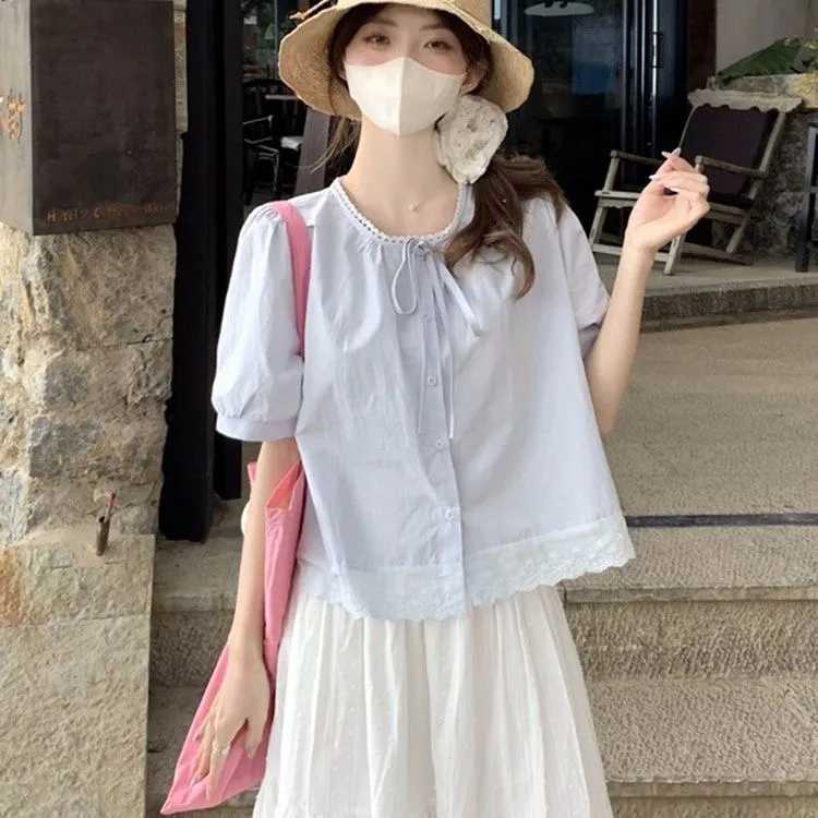 蓝色短款上衣女夏季多巴胺穿搭2025新款娃娃衫短袖小个子棉麻衬衫
