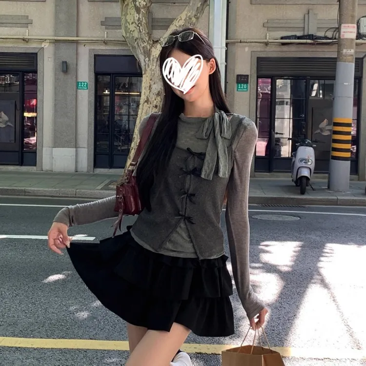 美式复古吊带长袖两件套2025年秋季新款修身显瘦纯欲百搭打底上衣