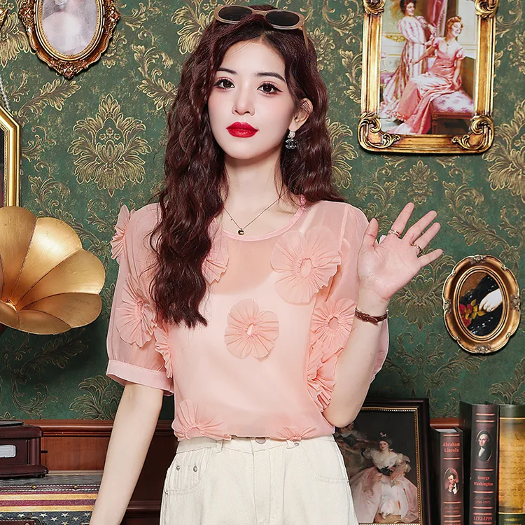 立体花朵雪纺衫超薄款透视清凉修身圆领短袖夏季新款上衣小衫洋气
