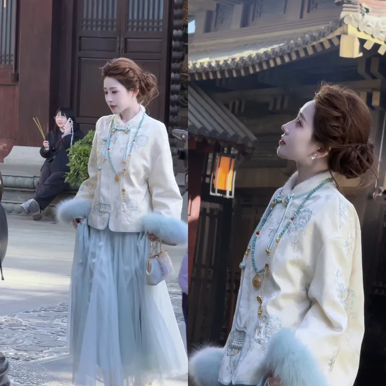 【婷婷】《云水蓝•白茶清欢》 花卉纱裙 刺绣羽绒国风套装TT2SDTH2812