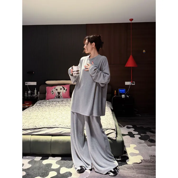 double oo慵懒感膨体暖绒睡衣女弹力休闲宽松家居服卫衣休闲套装