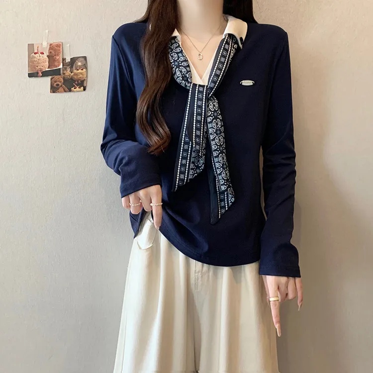 2025秋装新款胖mm大码女设计感翻领丝巾气质polo衫上衣