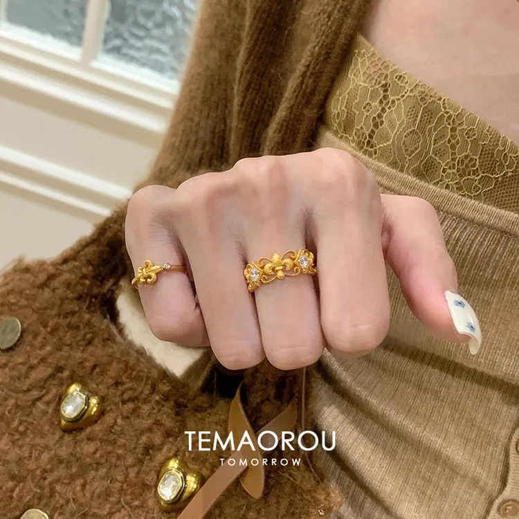 铜合金戒指  轻奢金色蕾丝宽面鸢尾花戒指女开口食指戒高级感指环