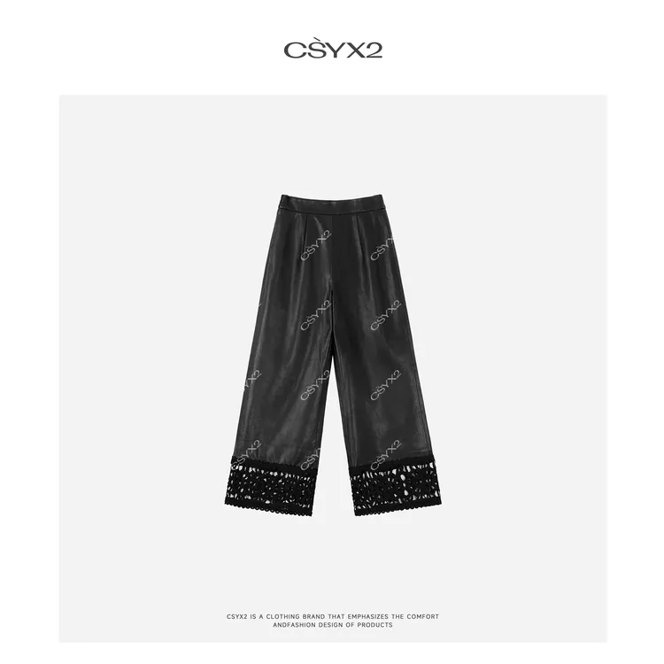 CsyX2-早秋新款下摆拼蕾丝皮裤CZQK011