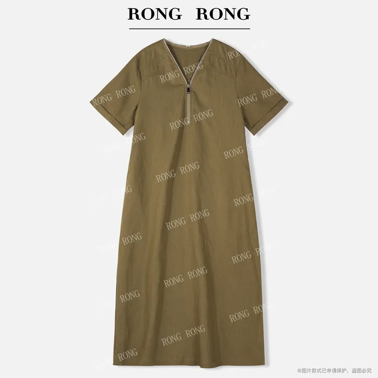溶溶【雾境森色】RONGRONG 莱赛尔亚麻拉链宽松法式连衣裙C-S210813
