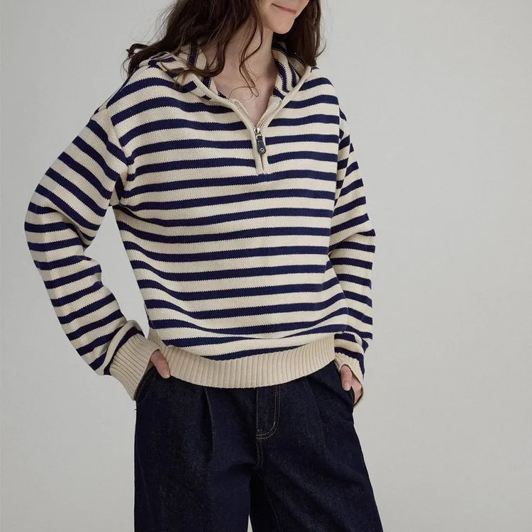 条纹航海家'北欧复古撞色条纹半开领拉链连帽针织毛衣卫衣女