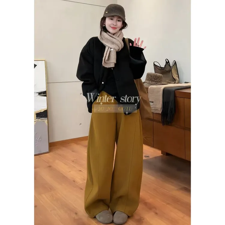 玖玖 2025秋冬新款小众设计加绒厚款毛巾裤百搭休闲裤 2511C7510