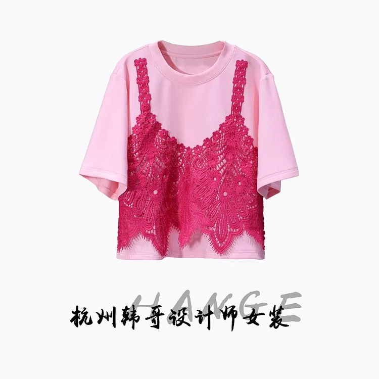 【亮哥女装】2025欧版小众设计师樱花粉拼接蕾丝高克重短袖7562