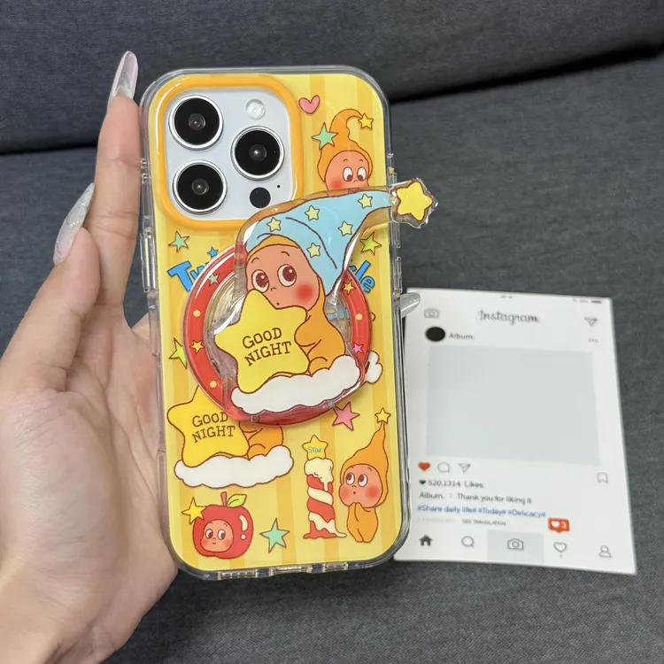 喵六家可爱气囊圆边蓝色长帽星星人转转磁吸手机壳适用苹果手机