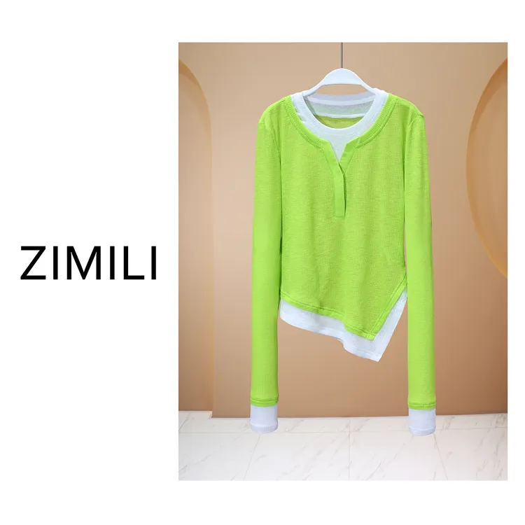 【亮哥女装】2025欧版苹果绿撞色拼接不规则下摆高弹上衣8651-A0