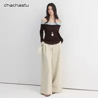 CHACHASTU 复古时髦气质一字领拼色早秋修身显瘦针织衫F251155