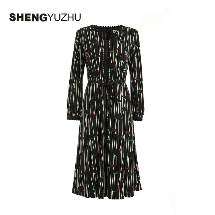 Shengyuzhu/声雨竹新款连衣裙长袖套头V领商场同款A字裙