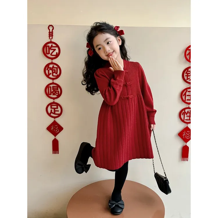 【商场同款】新款红女童显瘦裙子长袖洋气毛大红拜年服宝宝女孩打