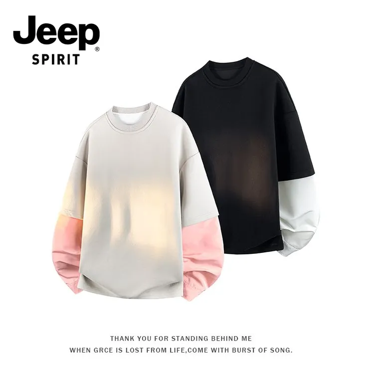 JEEPSPIRIT吉普潮流拼接圆领长袖卫衣男春秋新款宽松潮牌外套上衣