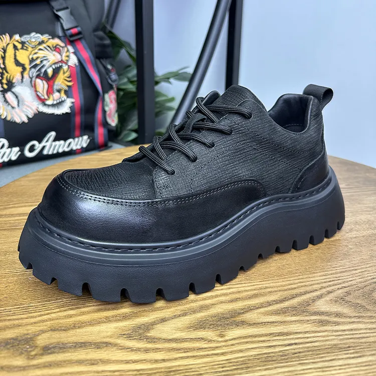 男士头层牛皮厚底增高休闲皮鞋百搭英伦风时尚潮流软底系带男鞋子