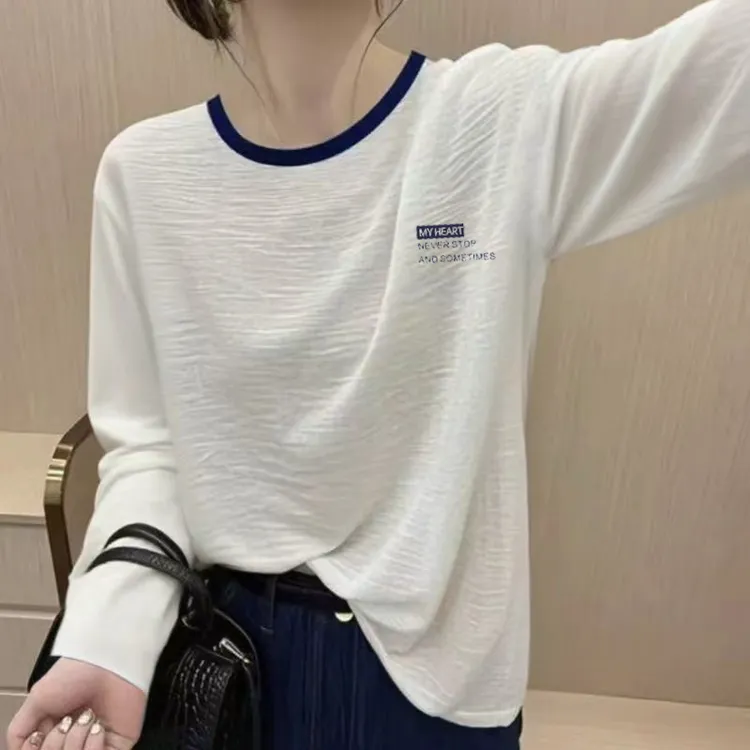 韩版新款竹节纯棉长袖t恤女秋季小众洋气时尚宽松显瘦大码INS上衣