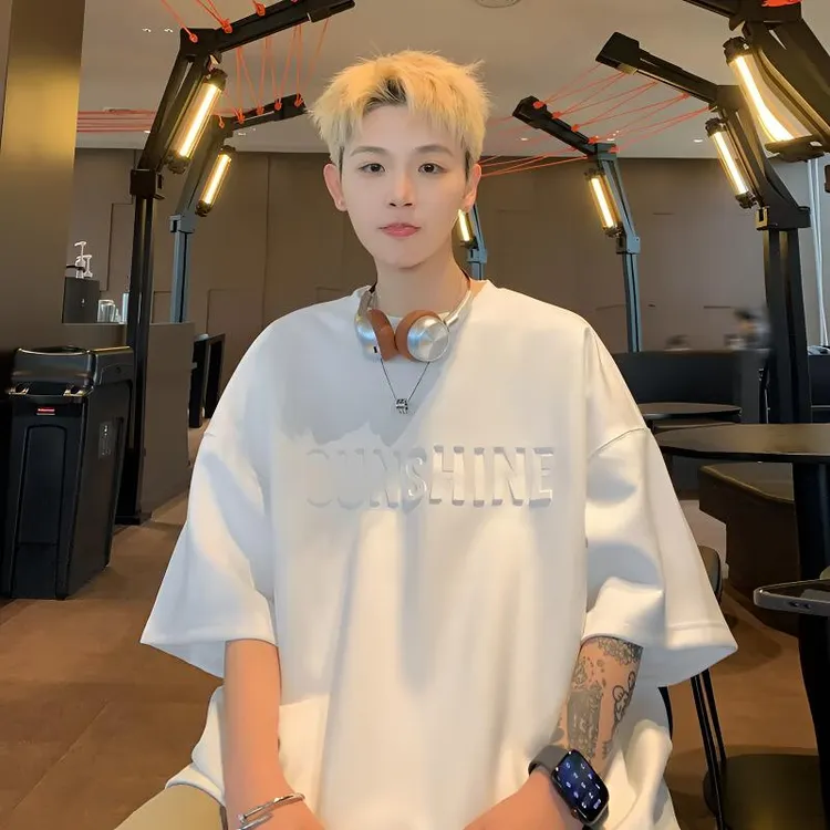 钢印重磅t恤男生2025夏季新款港风潮牌纯色短袖设计感小众五分袖