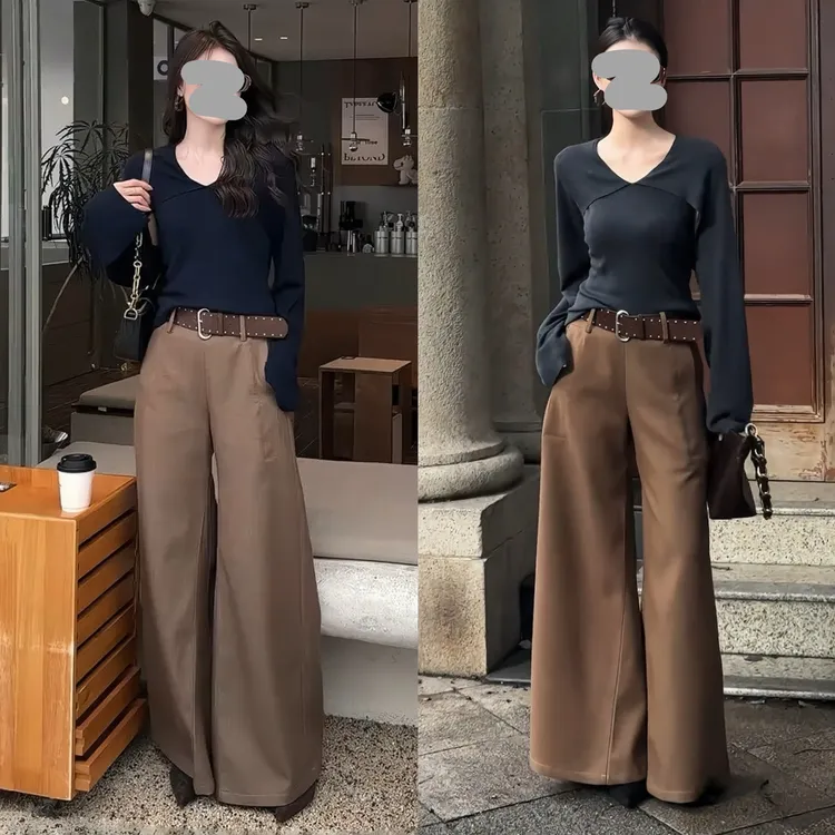 2025早秋新款清冷洋气知性长袖针织上衣显瘦休修身阔腿裤气质套装
