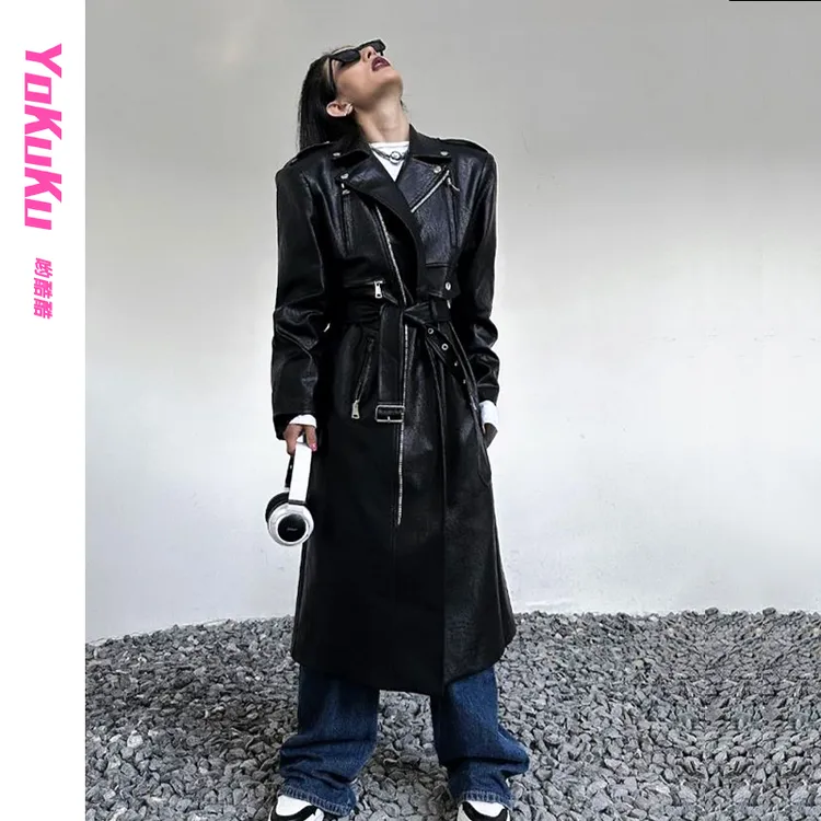 哟酷酷设计感中性时尚中长款皮衣新款机车皮风衣外套大衣女外套