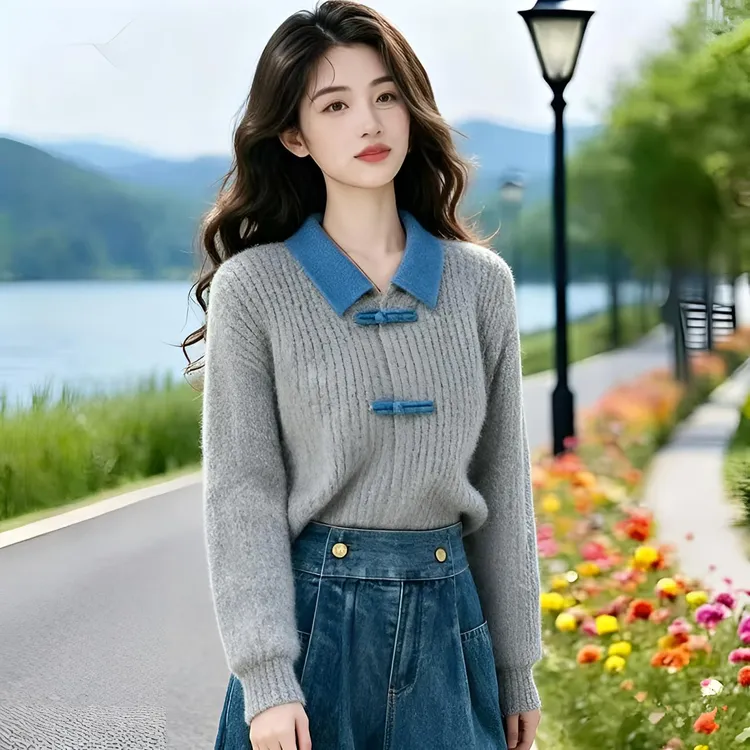 慵懒高级感超好看独特漂亮软糯设计感灰色翻领新中式针织毛衣女冬
