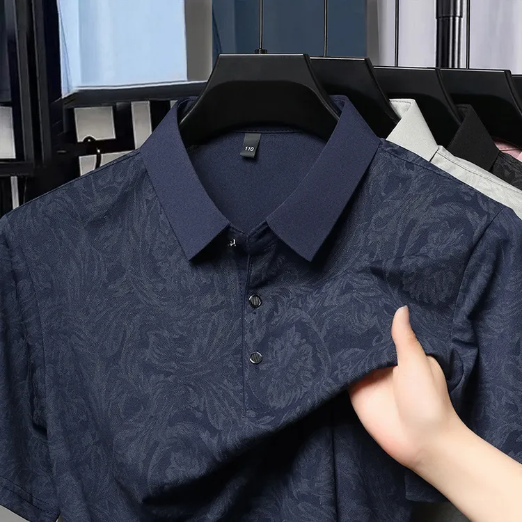时尚潮流勾花镂空短袖男士衫夏季新款中年休闲冰丝恤衫上衣