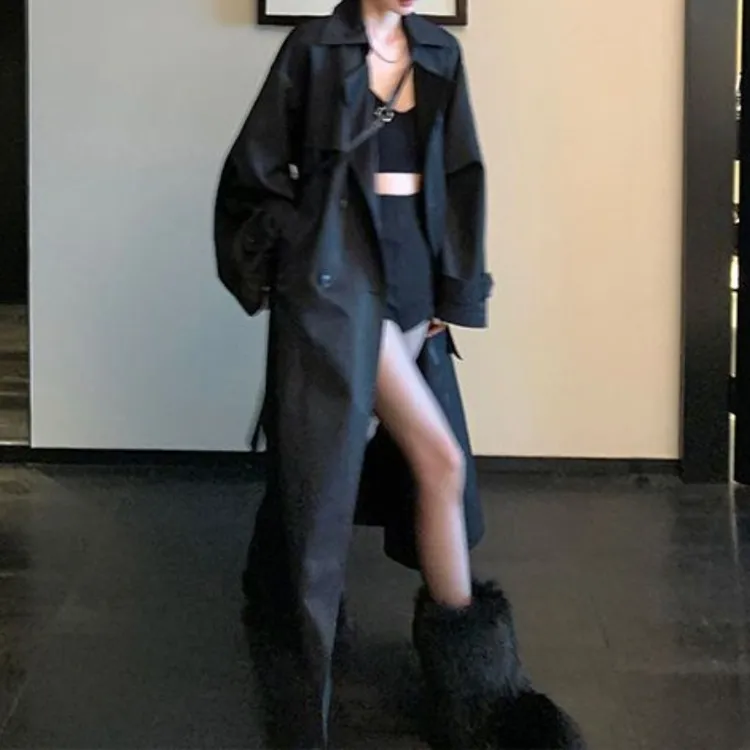 翻领双排扣外套女2025春秋季时尚洋气韩版新款长款休闲长袖风衣外