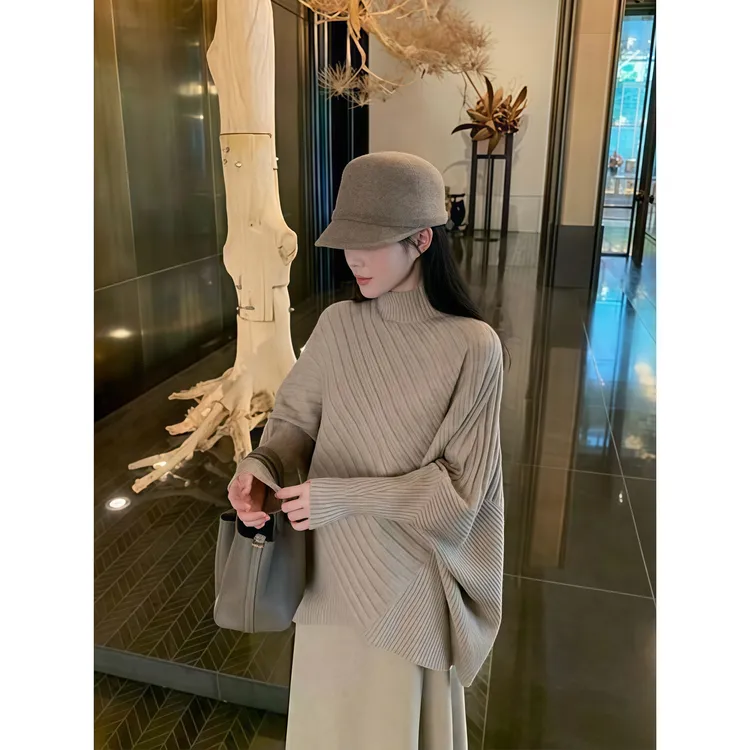 慵懒风半高领蝙蝠袖针织毛衣女秋季新款小众简约休闲宽松显瘦上衣