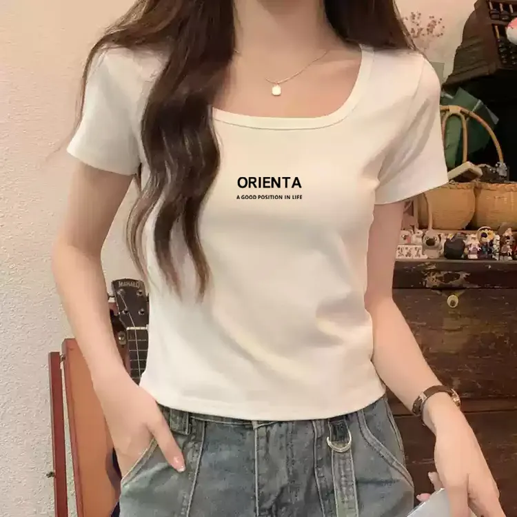 2025新款夏季法式方领洋气上衣设计感小众宽松短袖正肩短袖t恤女