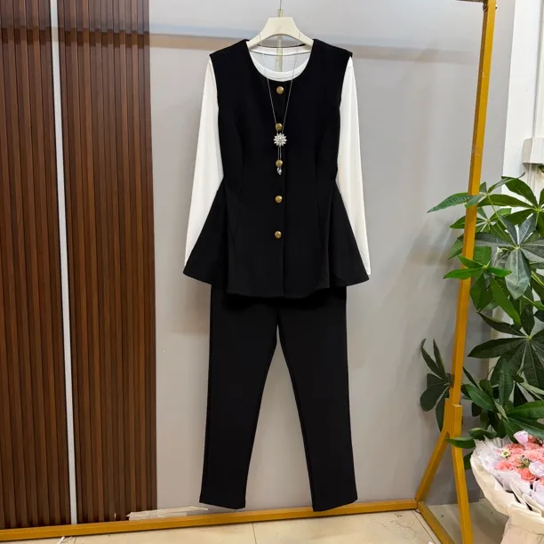 秋季新款气质洋气轻职风气质遮肉马甲三件套套装