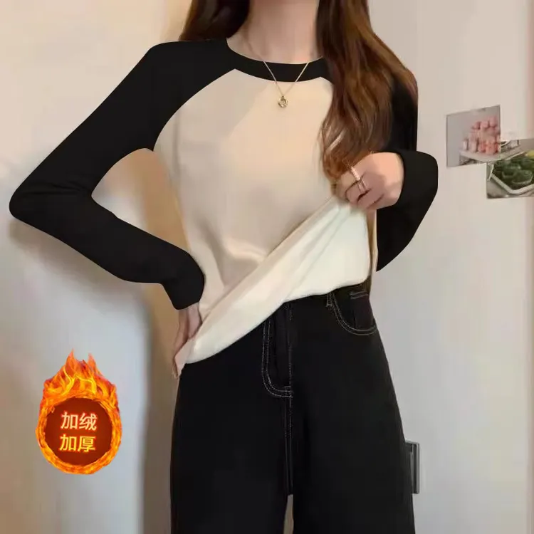加绒款插肩长袖T恤女秋冬保暖新款别致常规宽松内搭打底衫上衣服