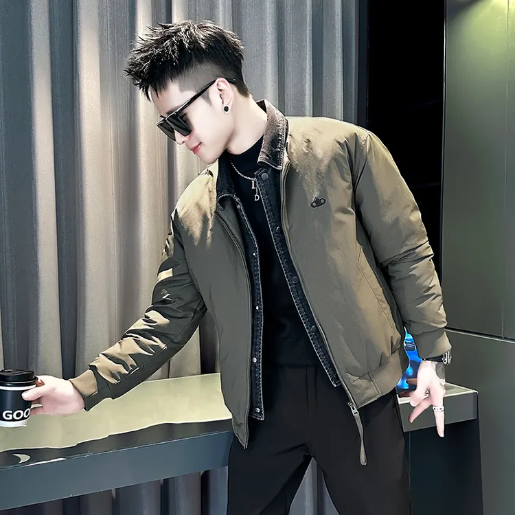 美式休闲复古牛仔拼接假两件棉衣外套男翻领加棉痞帅保暖百搭袄子